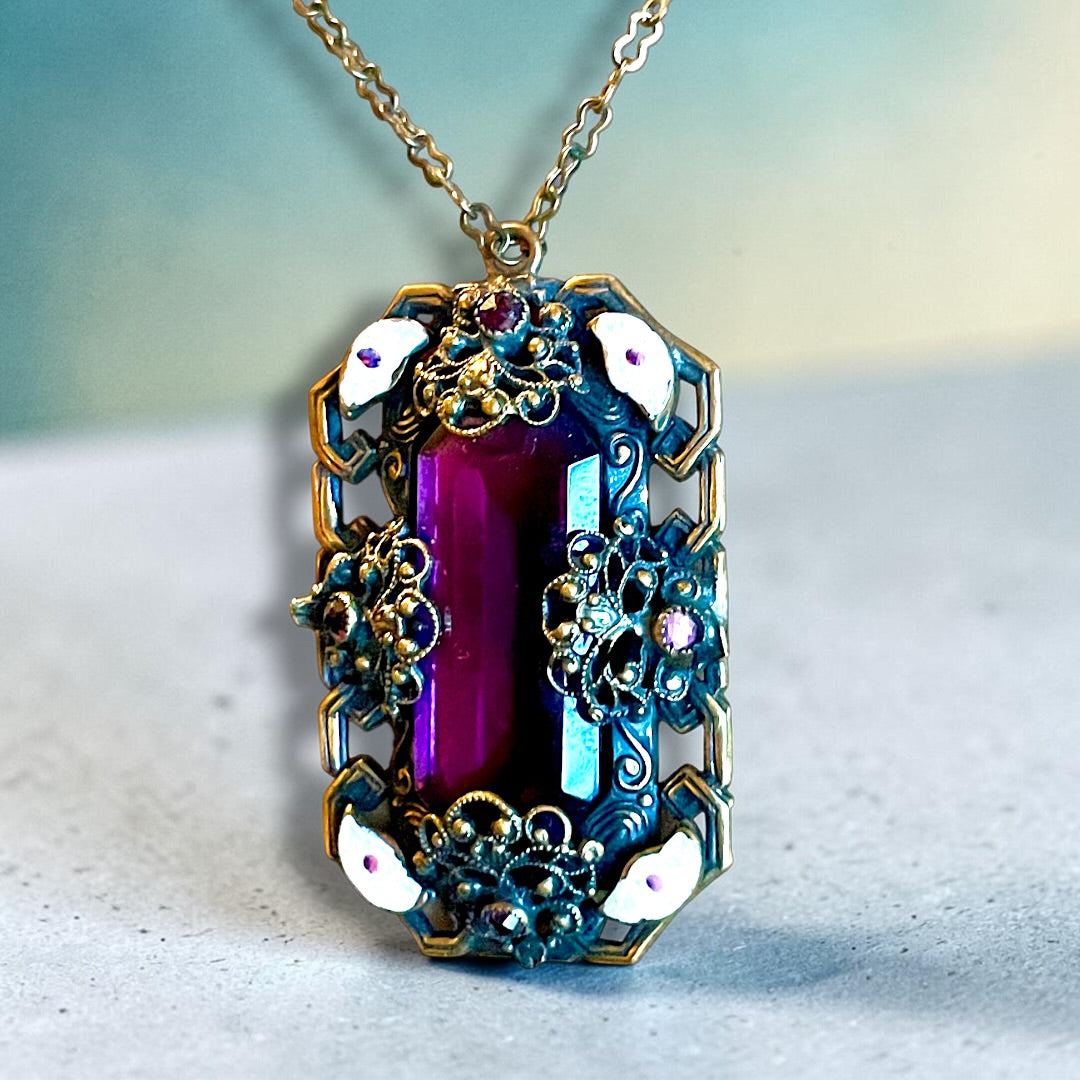Art Nouveau Neiger Brothers Purple Crystal & Enamel Brass Filigree Necklace