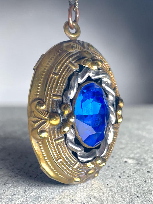Art Nouveau Royal Blue Czech Art Glass Silver & Brass Filigree Necklace