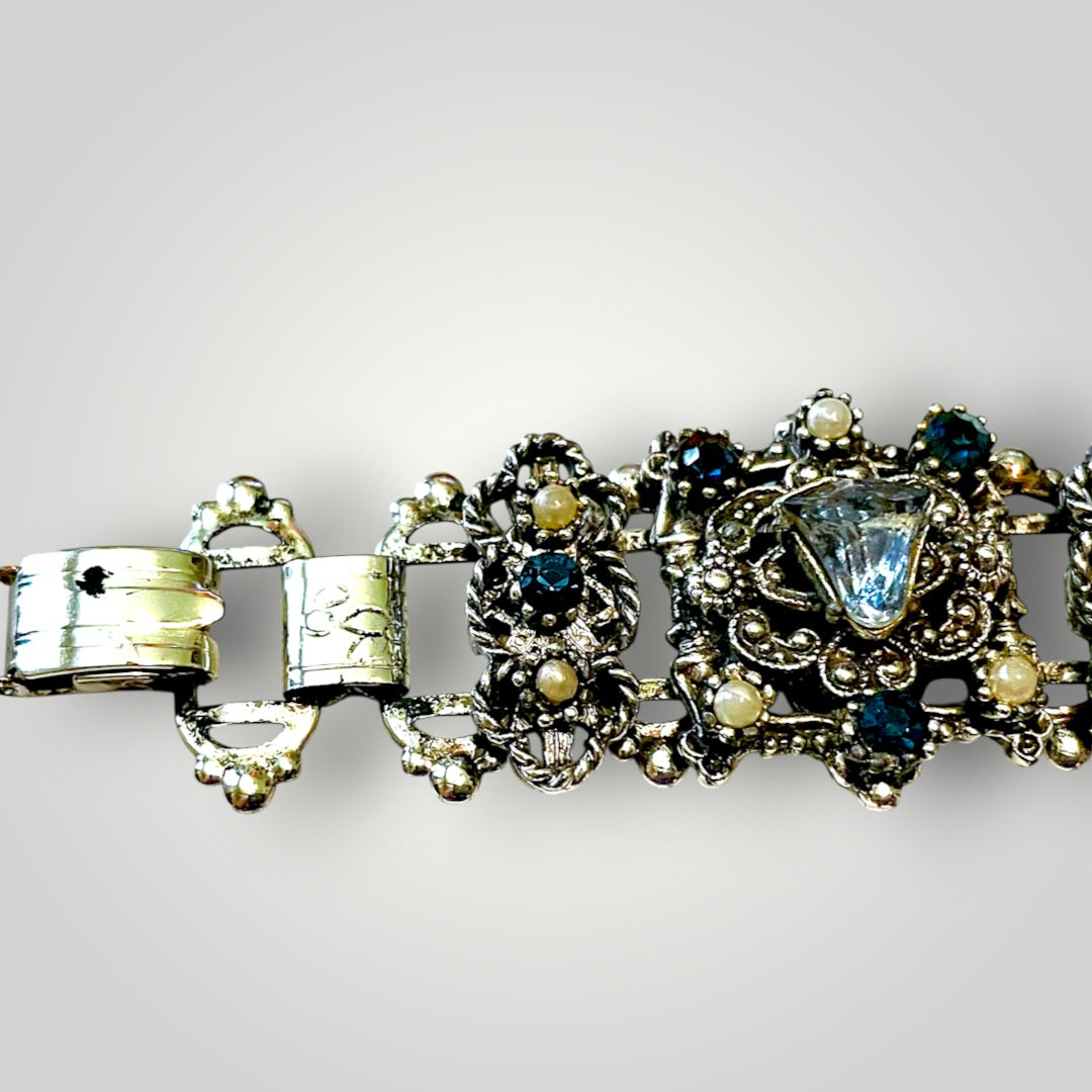 Stunning Multi Blue Crystal & Pearl Victorian Book Link Chunky Bracelet