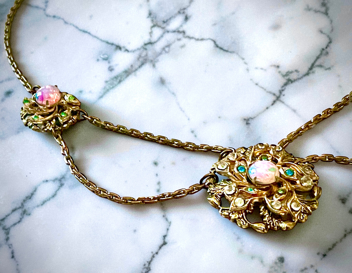 Edwardian Pink Gold Foil Art Glass Dragons Breath Fire Opal Festoon Necklace