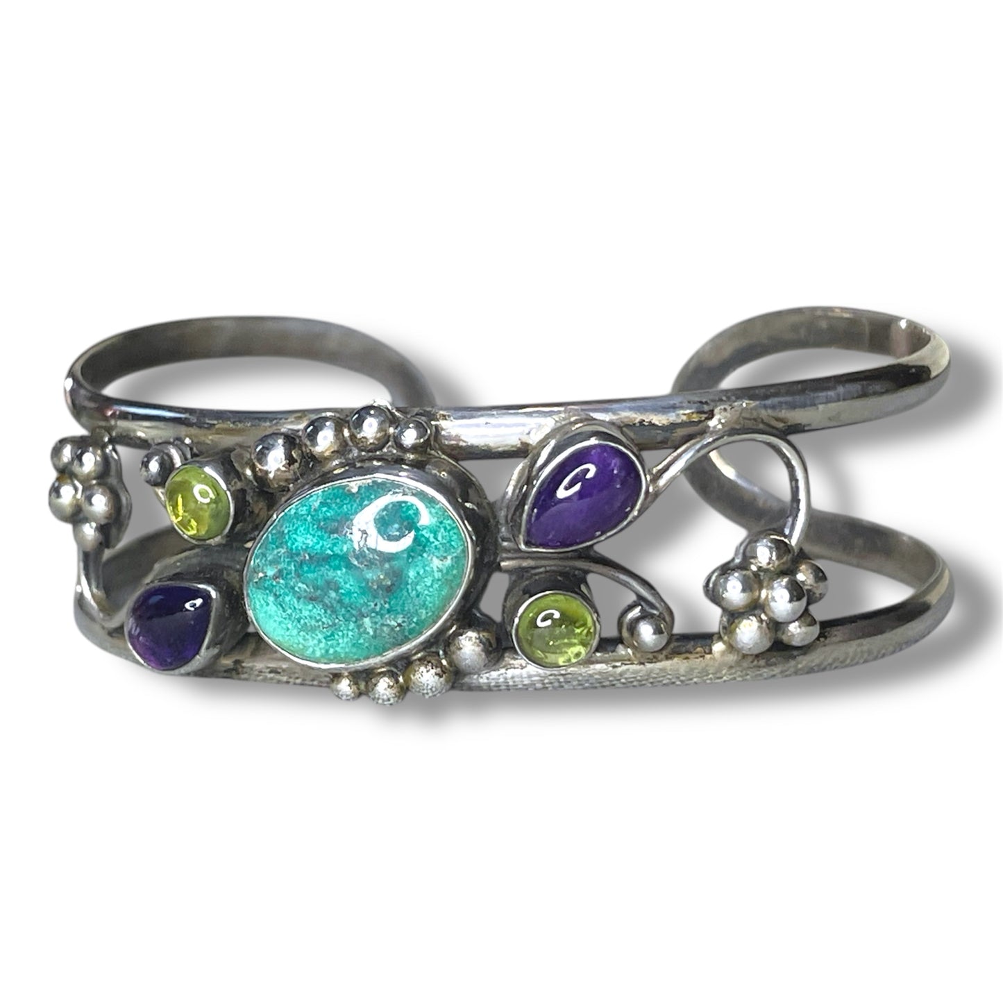 Vintage Turquoise, Amethyst & Peridot Gemstone Sterling Silver Floral Cuff Bracelet