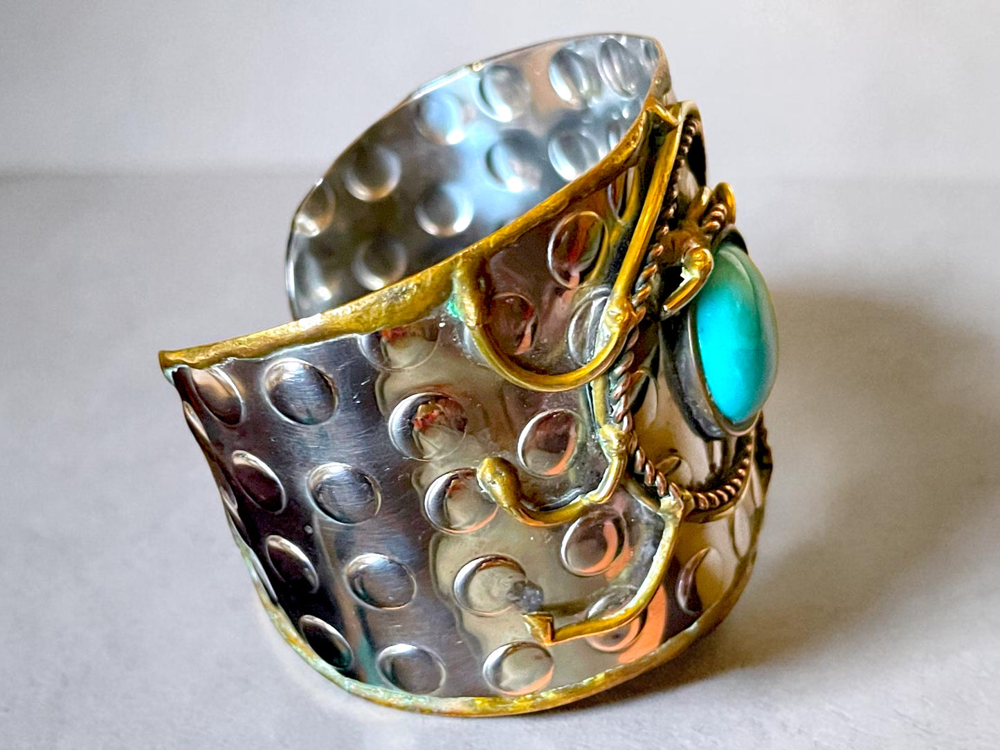 Brutalist Turquoise Art Glass Copper, Brass & Silver Wide Hammered Cuff Bracelet