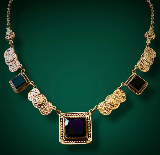 Victorian Rococo Geometric Gilded Brass Black Jet Art Glass Necklace