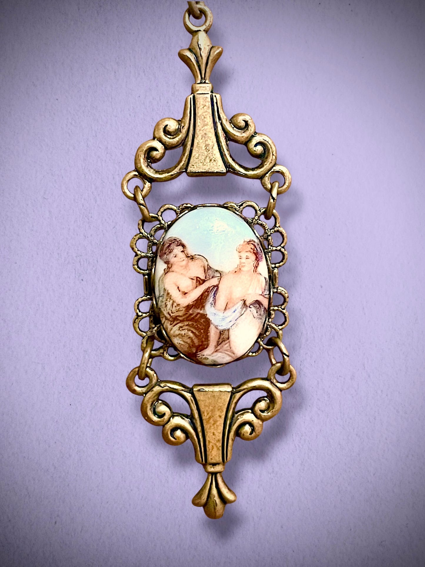 Art Nouveau Rococo Porcelain Limogé Renaissance Cameo Flourish Brass Pendant Necklace