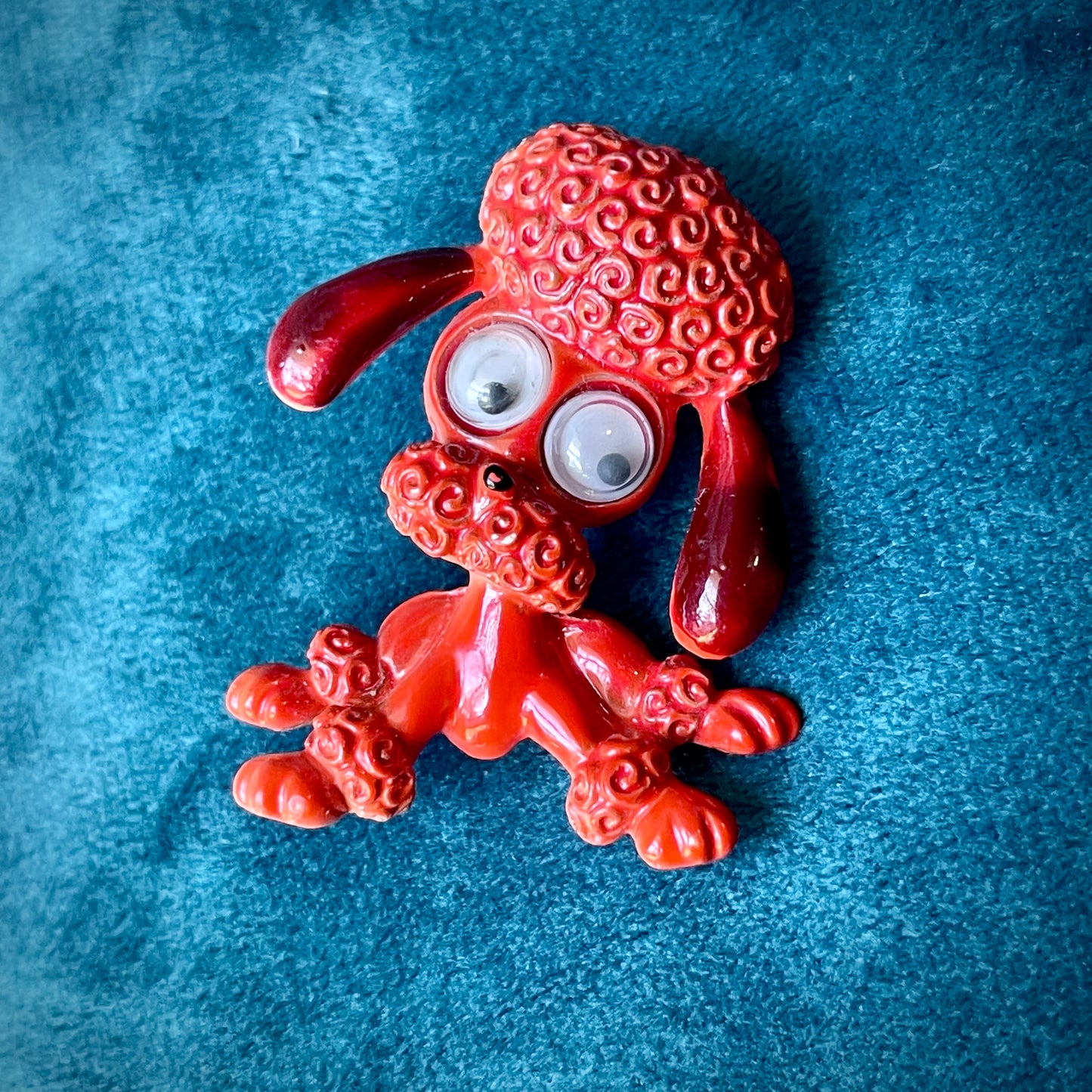 Adorable Googly Eyes Figural Orange & Red Enamel Poodle Dog Brooch