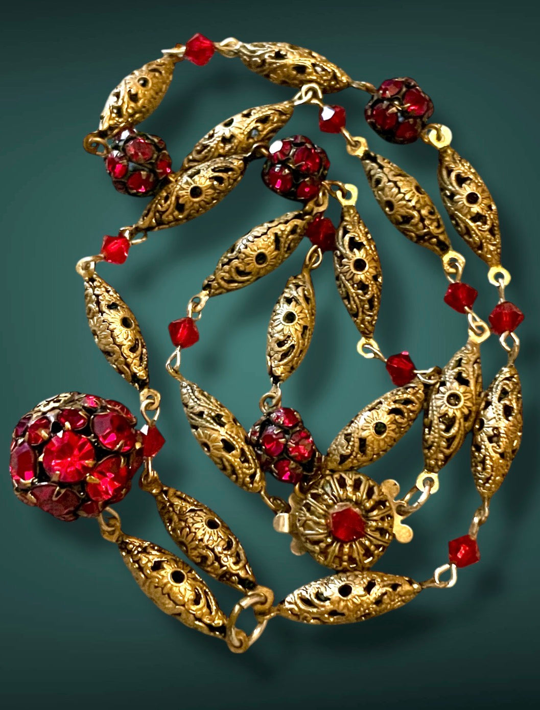 Vintage Art Nouveau Czech Ruby Red Crystal Brass Filigree Y Lavaliere Necklace