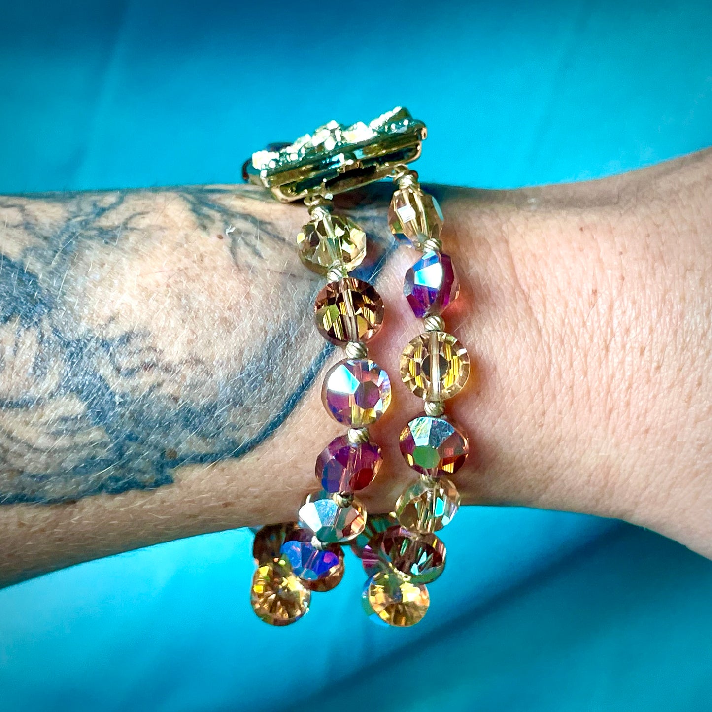 Aurora Borealis Champagne Austrian Crystal Double Strand Necklace & Bracelet Demi Parure