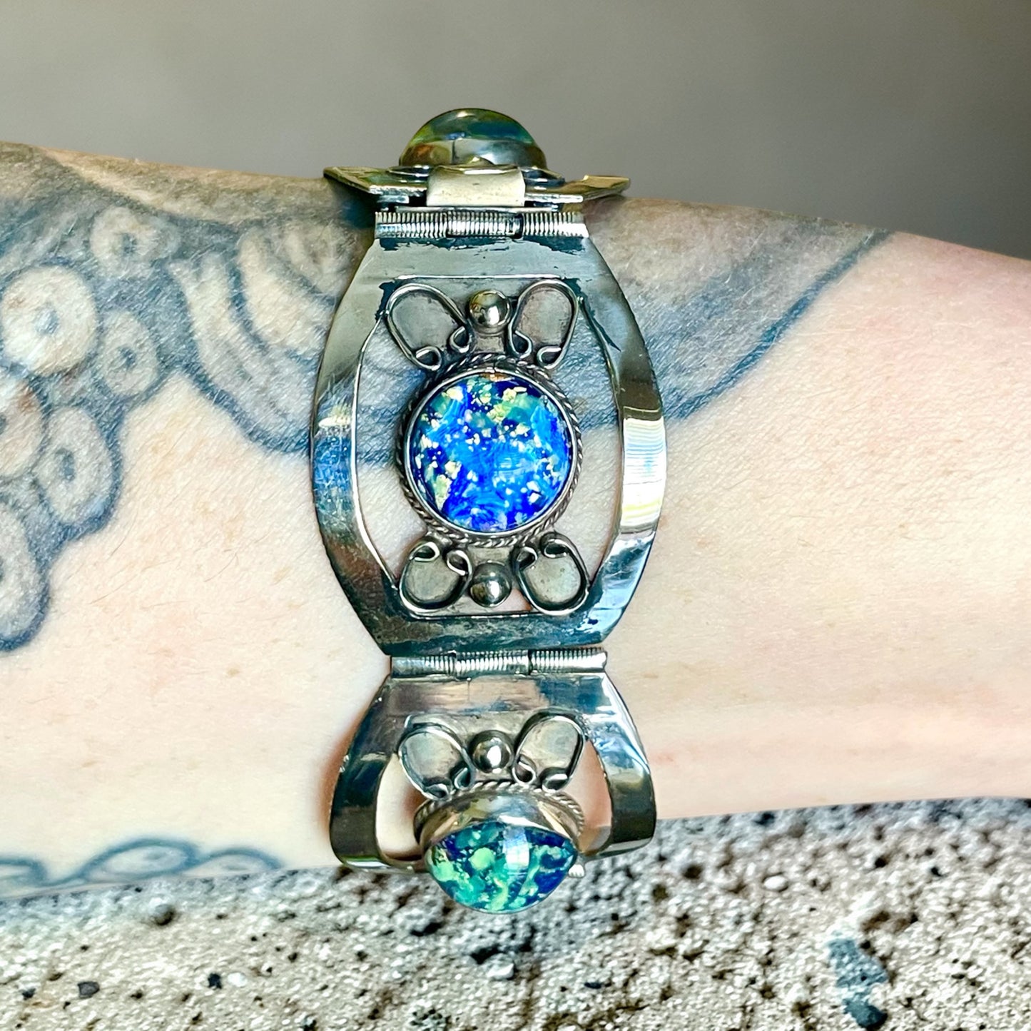 Sterling Silver Blue Green Dragons Breath Fire Opal Taxco Mexico Panel Bracelet