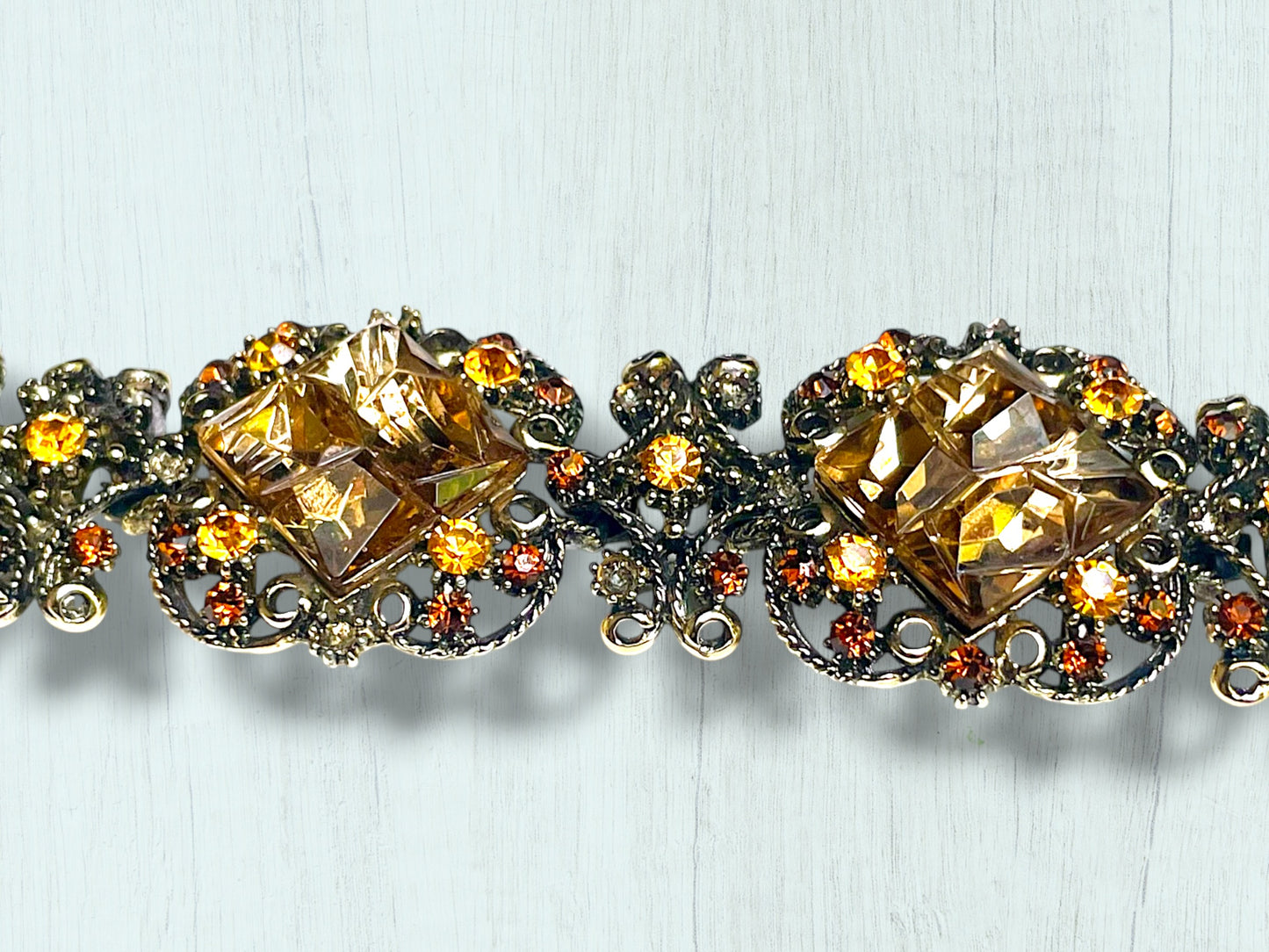Incredible Vintage Chunky Faceted Amber & Topaz Crystal Designer Bracelet