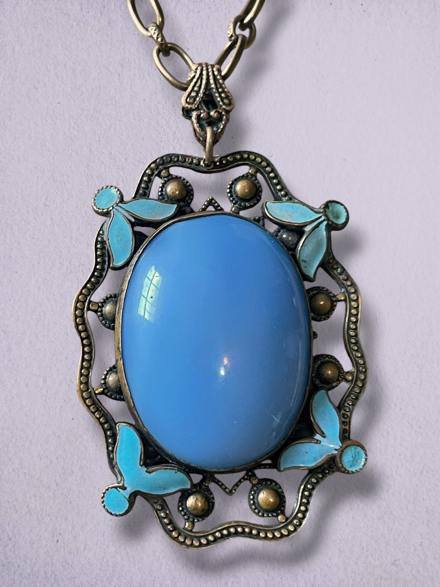 Czech Brass Filigree Nieger Brothers Blue art Glass & Enamel Necklace