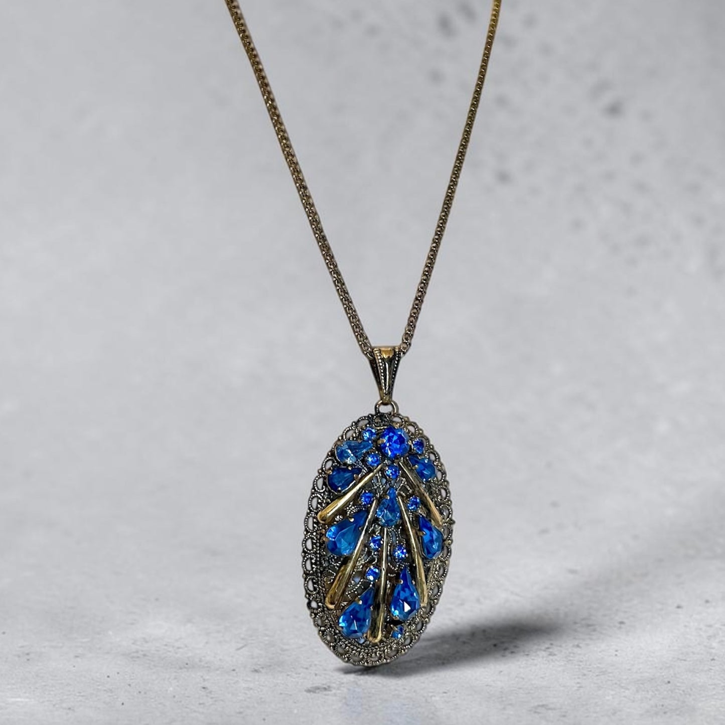 Antique Czech Brass Filigree Sapphire Prong Set Blue Crystal Pendant Necklace