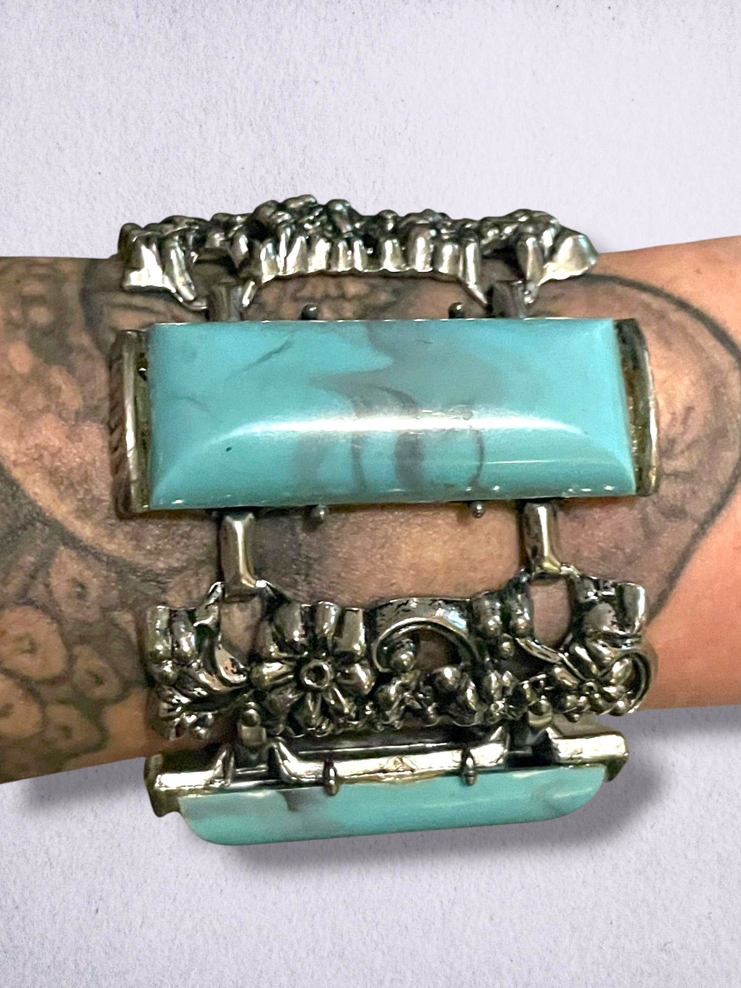 Mid Century Modern Chunky Silver Flower & Thermoset Faux Turquoise Panel Bracelet