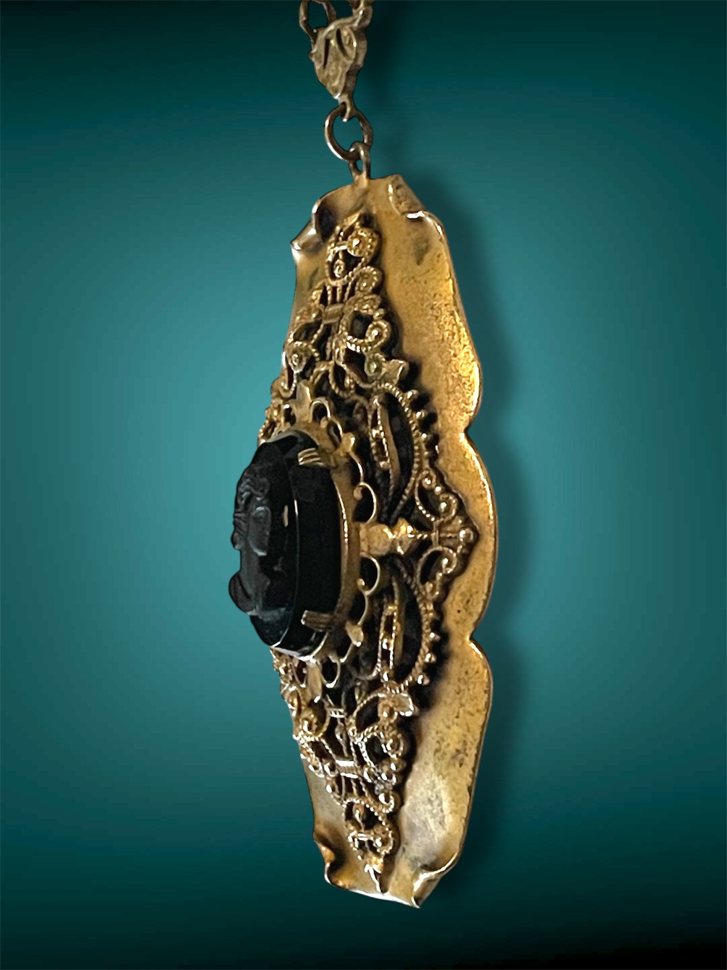 Victorian Black Mourning Cameo Brass Filigree Openwork Stamped Pendant Necklace