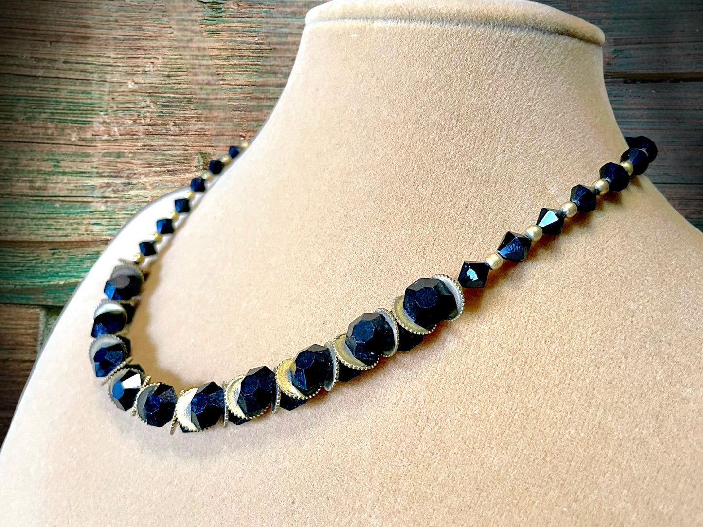 Victorian Mourning Black Crystal & Brass Saw-blade Gothic Chain Necklace