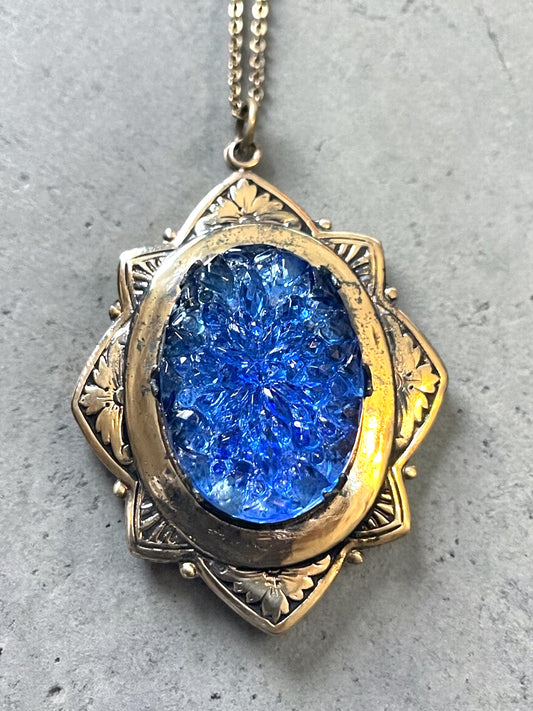 Victorian Blue Faceted Art Glass Gold Locket Necklace