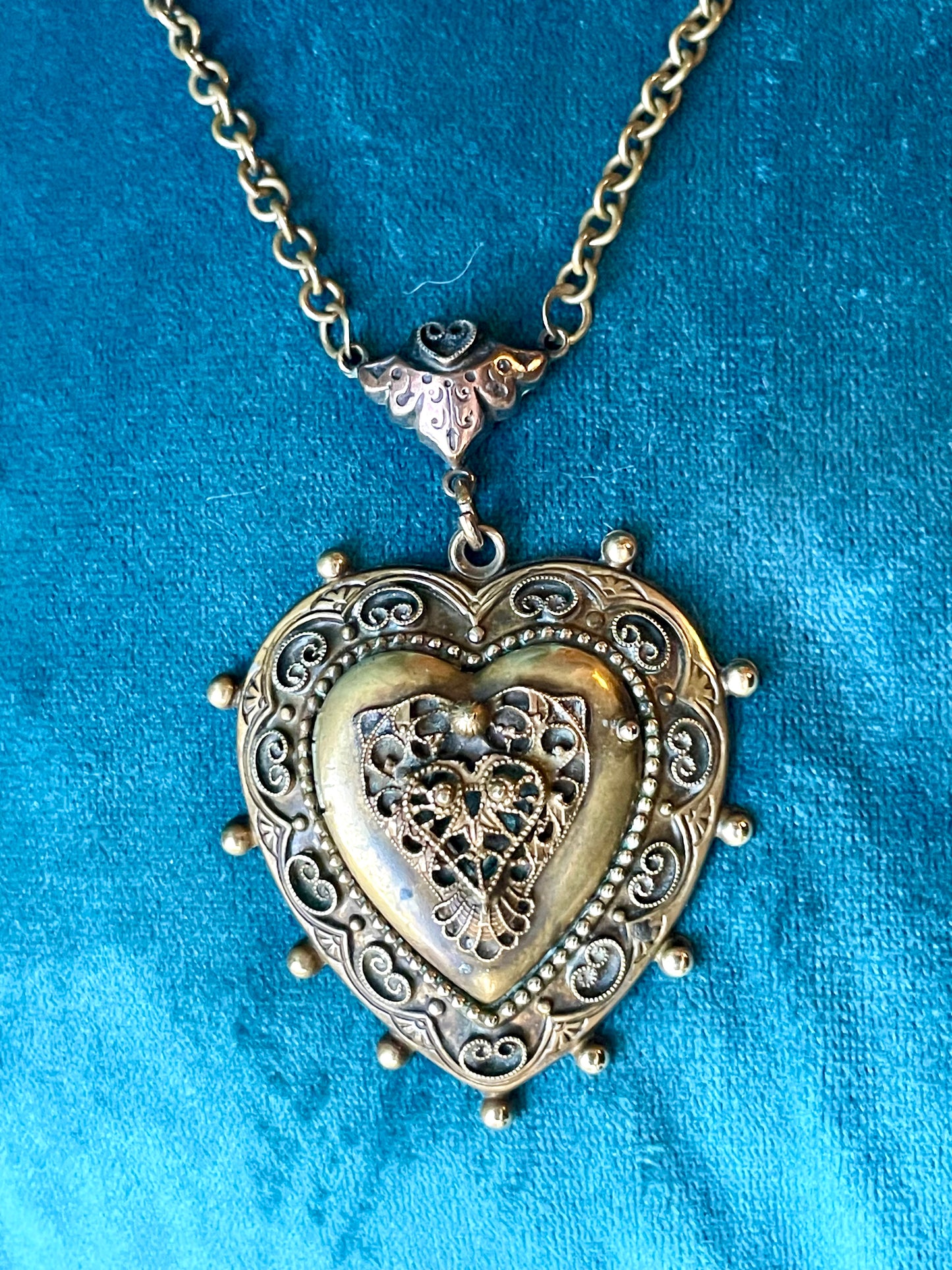 Art Nouveau Brass Filigree Heart Shaped Locket Necklace