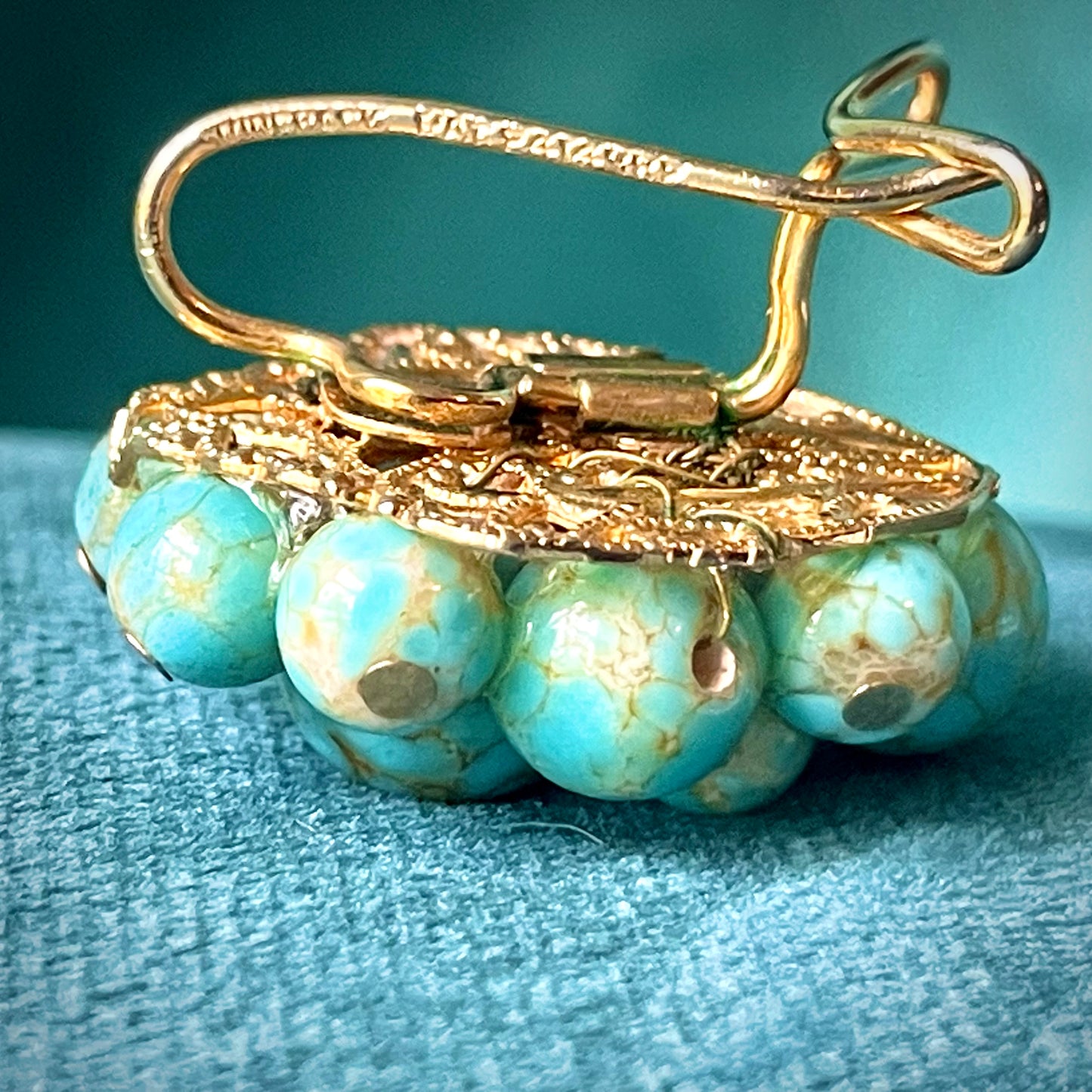 Mid Century Modern Turquoise Hubble Glass, Purple Crystal & Pearl Bracelet, Brooch, Earrings Demi Parure Set
