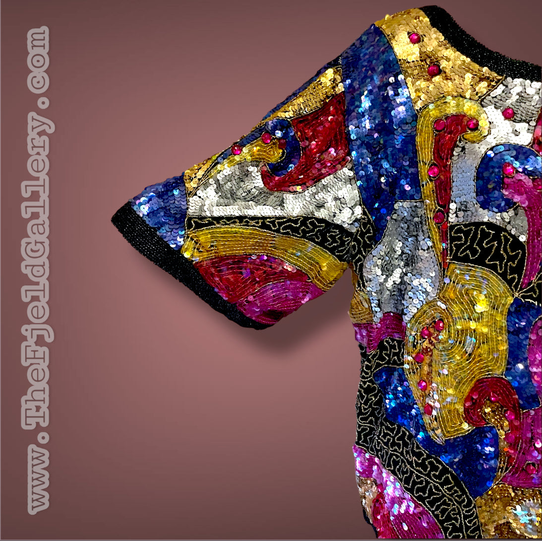 1970’s 100% Silk Sequin, Glass Seed Bead & Rhinestone Abstract Rainbow Top