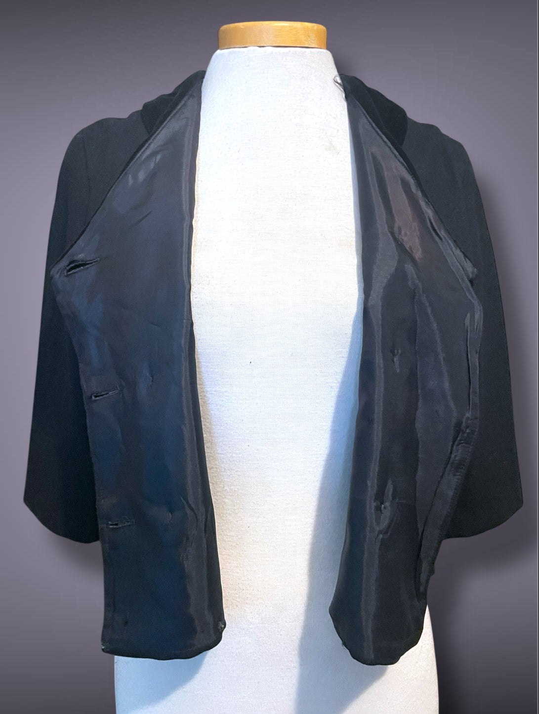 1930’s Black Velvet Collar Double Breasted Crop 3/4 Sleeve Jacket