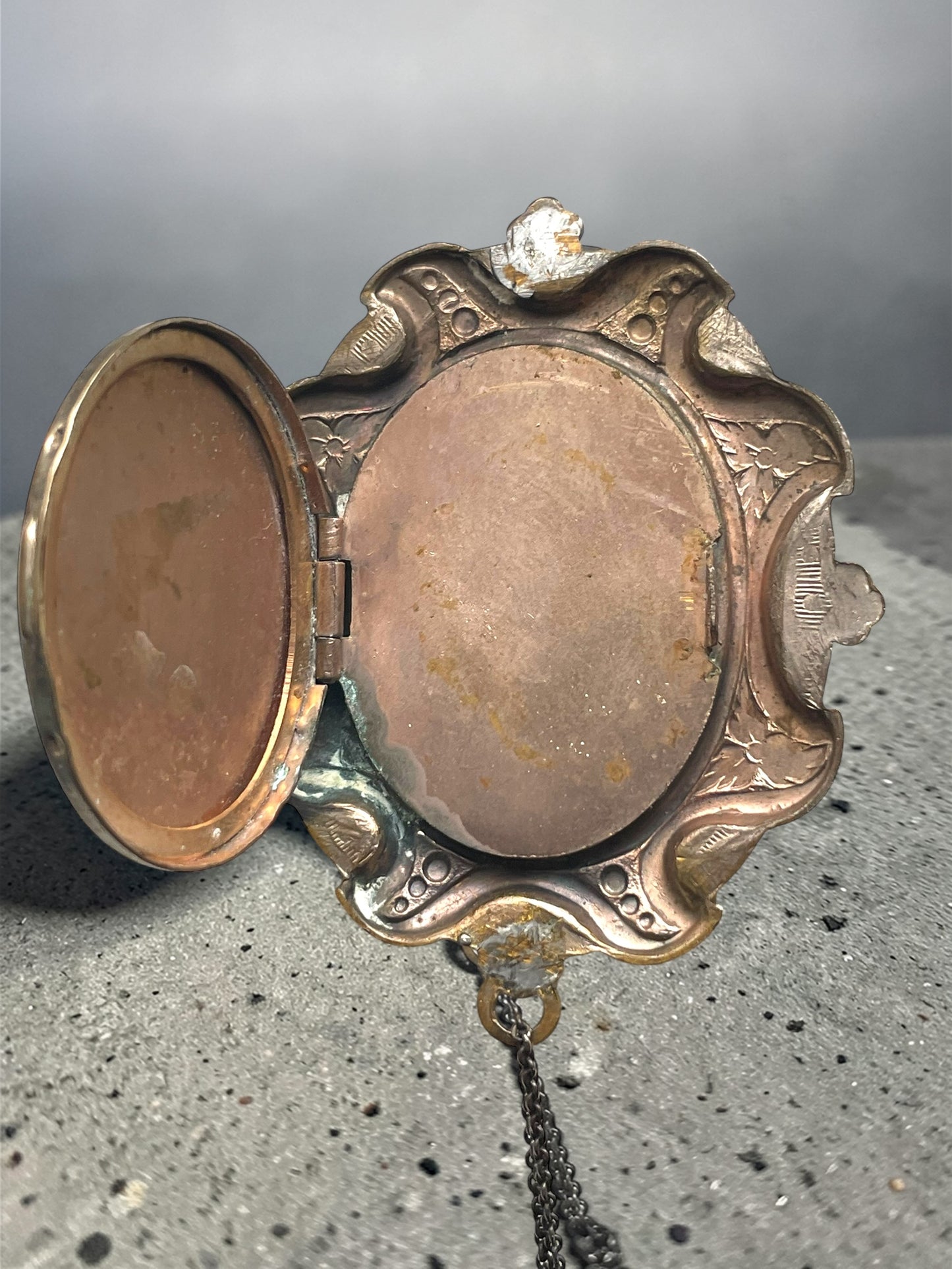 Edwardian Porcelain Silhouette  Courting Couple Colorful Limogé Cameo Gilded Brass Locket Sterling Necklace