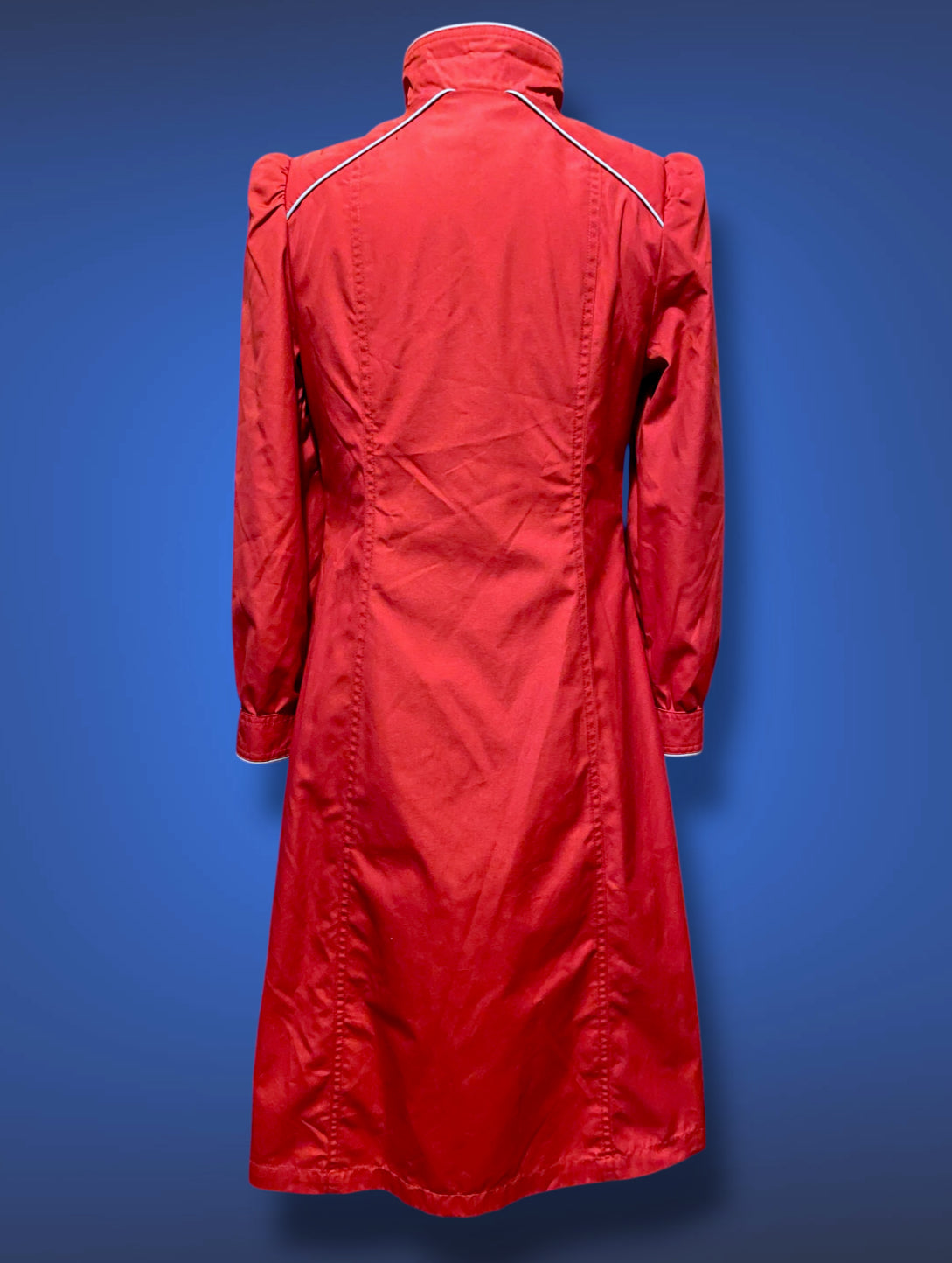 Vintage 1970’s Magenta Pink Long Trench Coat with Grey Piping Mod Detail