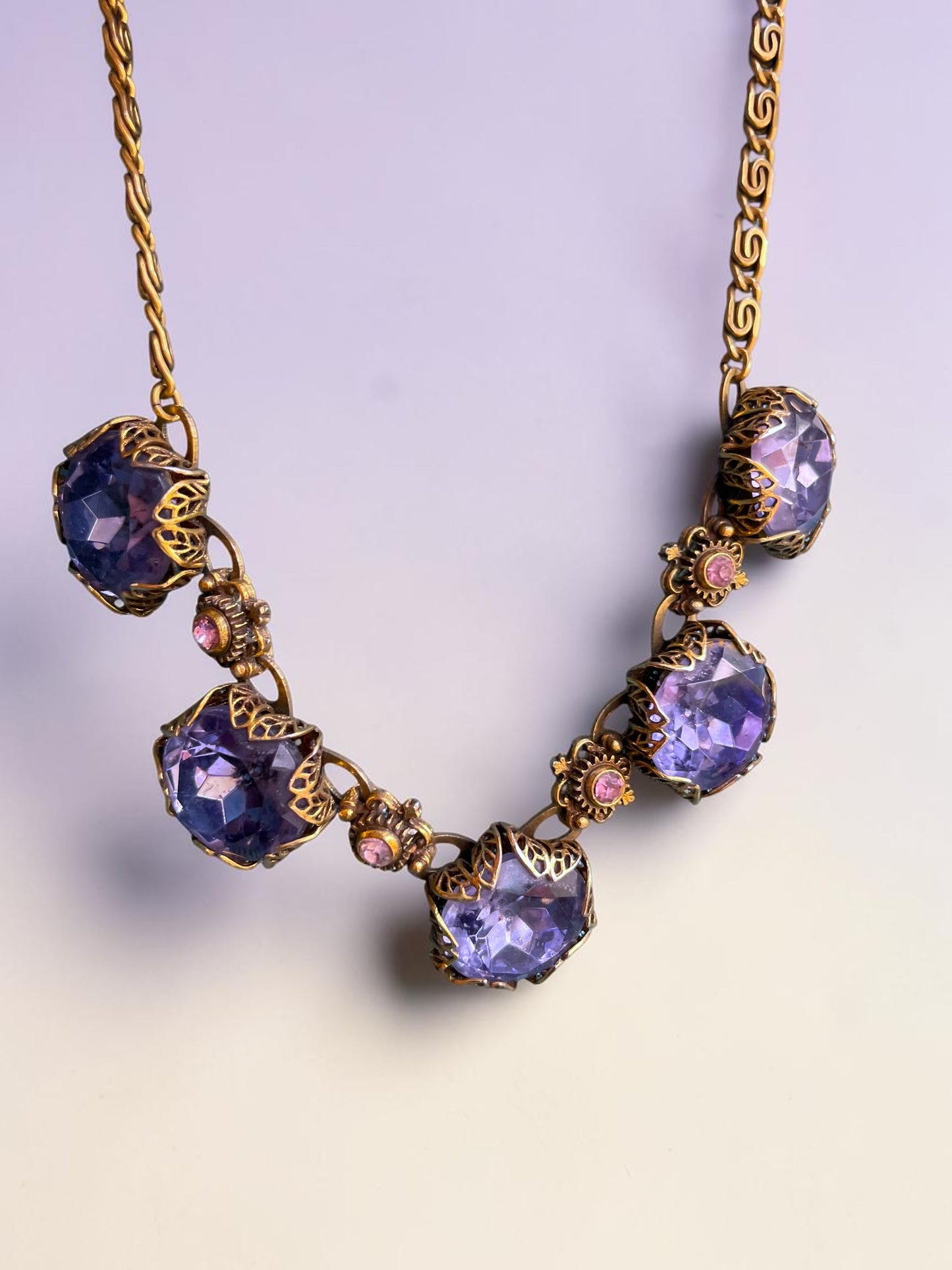 Art Nouveau Austrian Lilac Purple & Pink Crystal Gold Filled Brass Filigree Schiaparelli Necklace