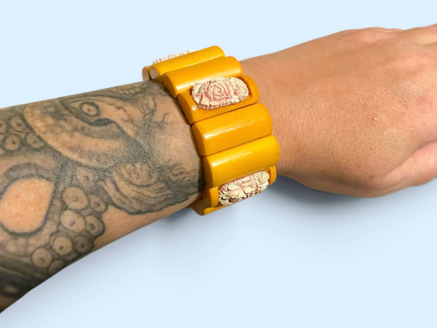 Antique Butterscotch Bakelite & Pink Molded Rose Celluloid Link Stretch Bracelet