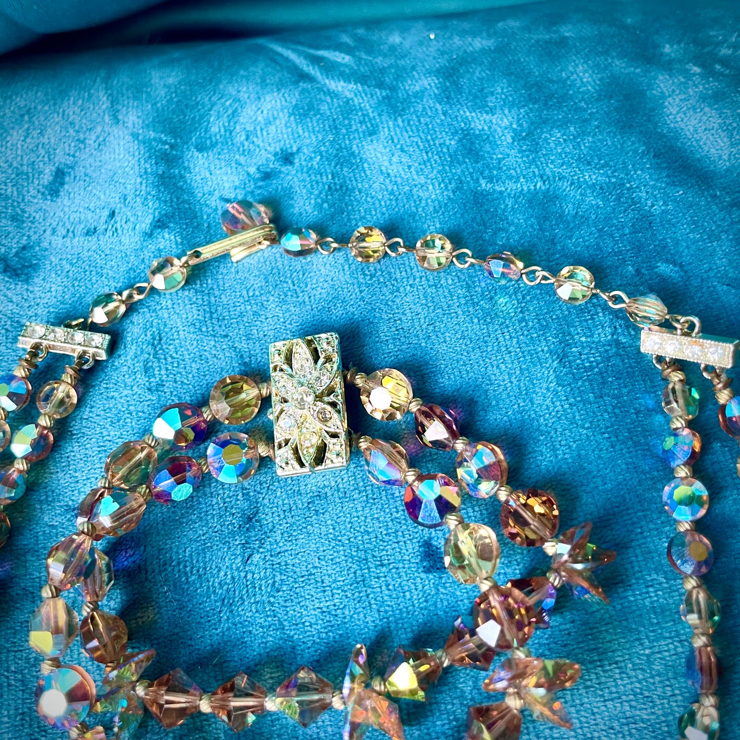 Aurora Borealis Champagne Austrian Crystal Double Strand Necklace & Bracelet Demi Parure