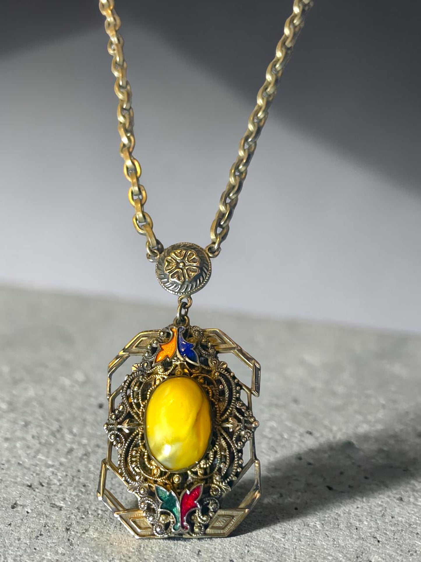 Art Nouveau Czech Brass Filigree Yellow Marbled Art Glass & Guilloché Necklace