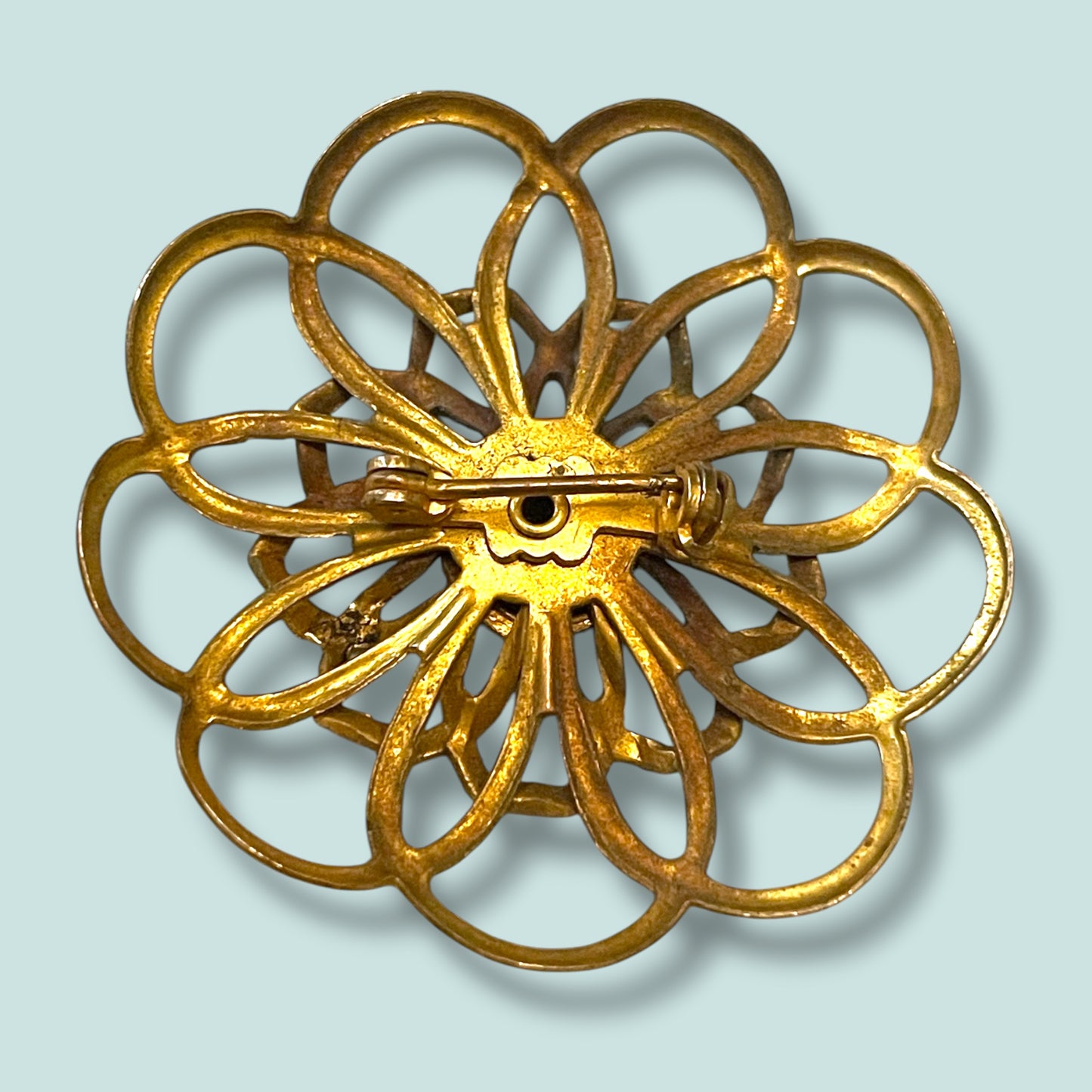 Vintage Religious Virgin Mother Mary Cloisionné Enamel Brass Flower Brooch