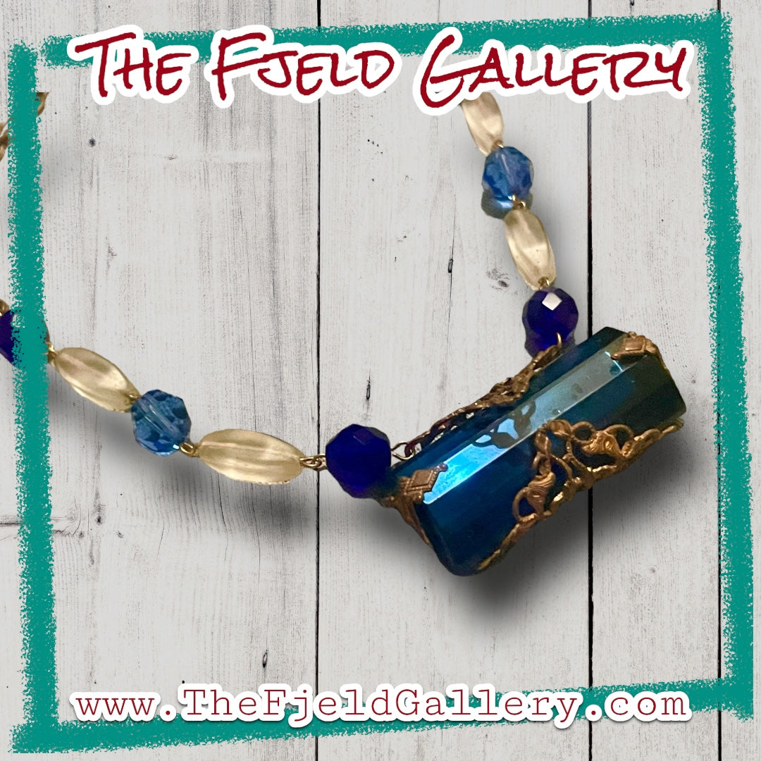 Vintage Blue Sapphire Art Glass Brass Filigree Beaded Necklace