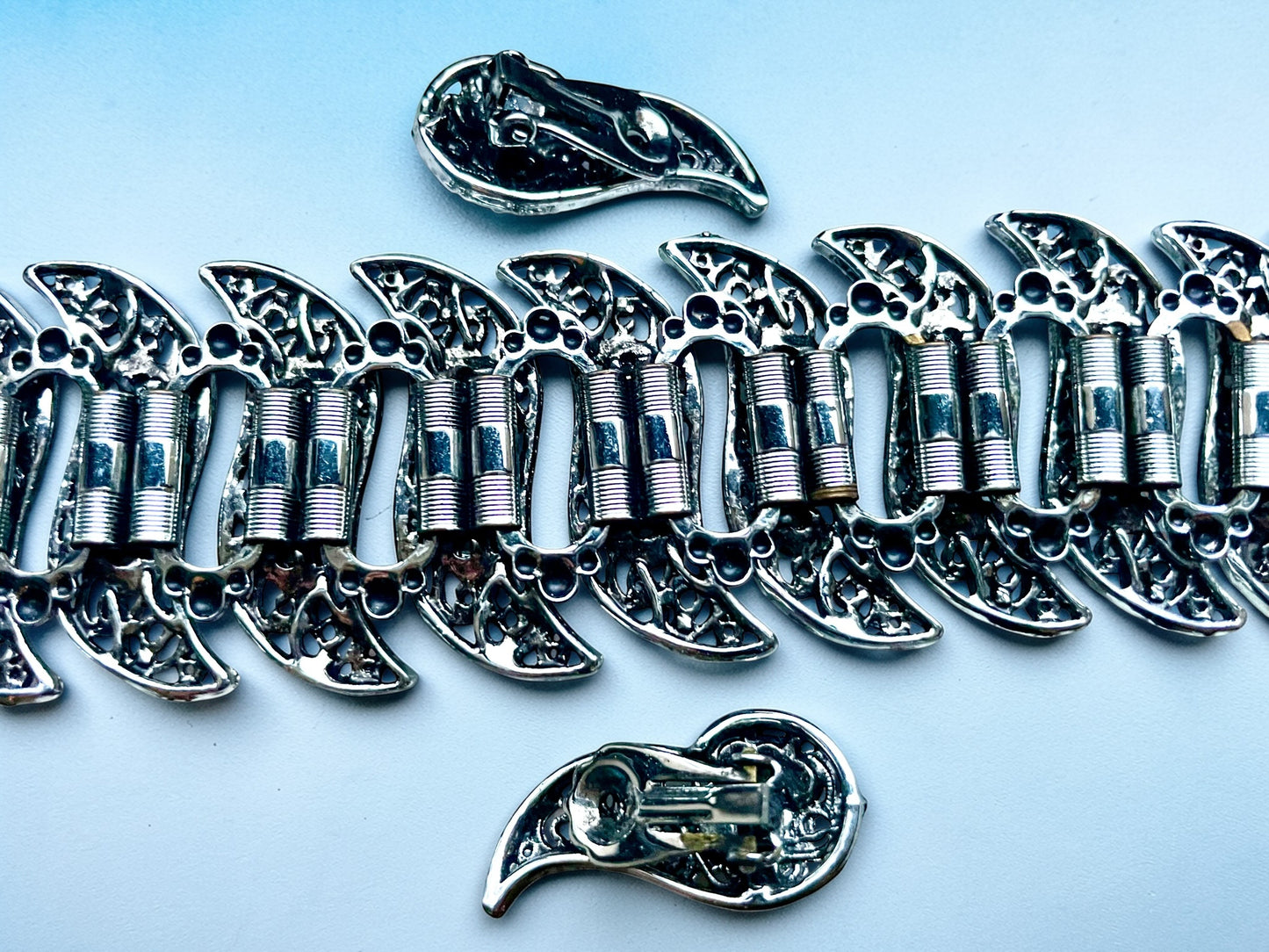 Turquoise, Saphire, Cats Eye Art Glass & Crystal Bookchain Silver Chunky Panel Bracelet & Earring Set