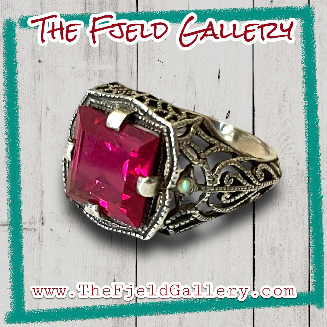 Ruby & Green Fire Opal Victorian Sterling Silver Filigree Ring