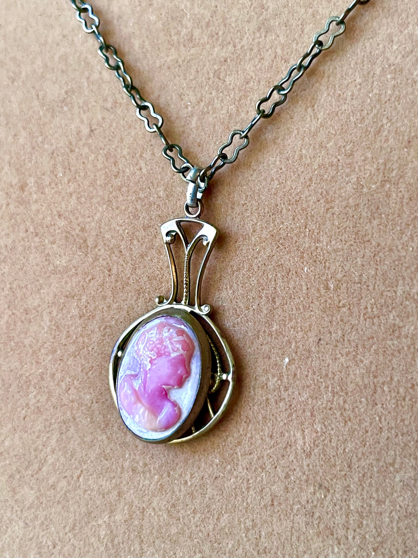 Delicate Pink & White Art Glass Cameo in Brass Art Nouveau Setting Necklace