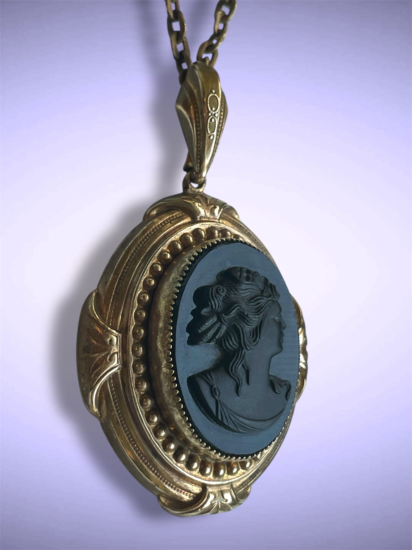 Antique Victorian Gilded Brass Repoussé Hollowwork Black Mourning Cameo Necklace