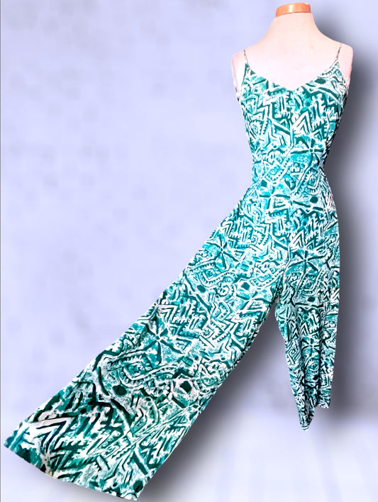 Vintage Turquoise, Teal Blue & White Patterned Low Tie Back Tank Jumpsuit