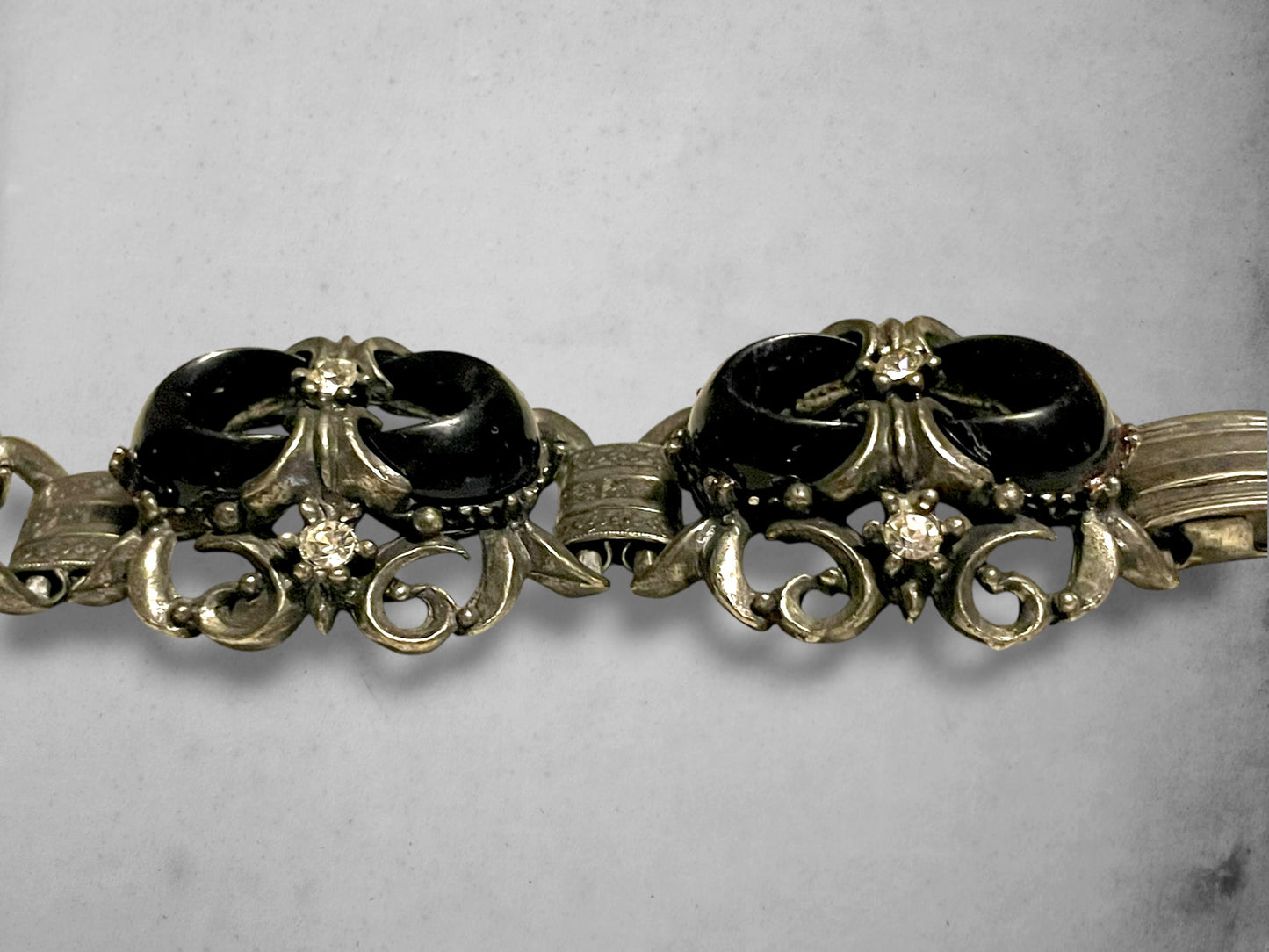 Victorian Booklink Chain Black Crescent Moon Crystal Panel Bracelet