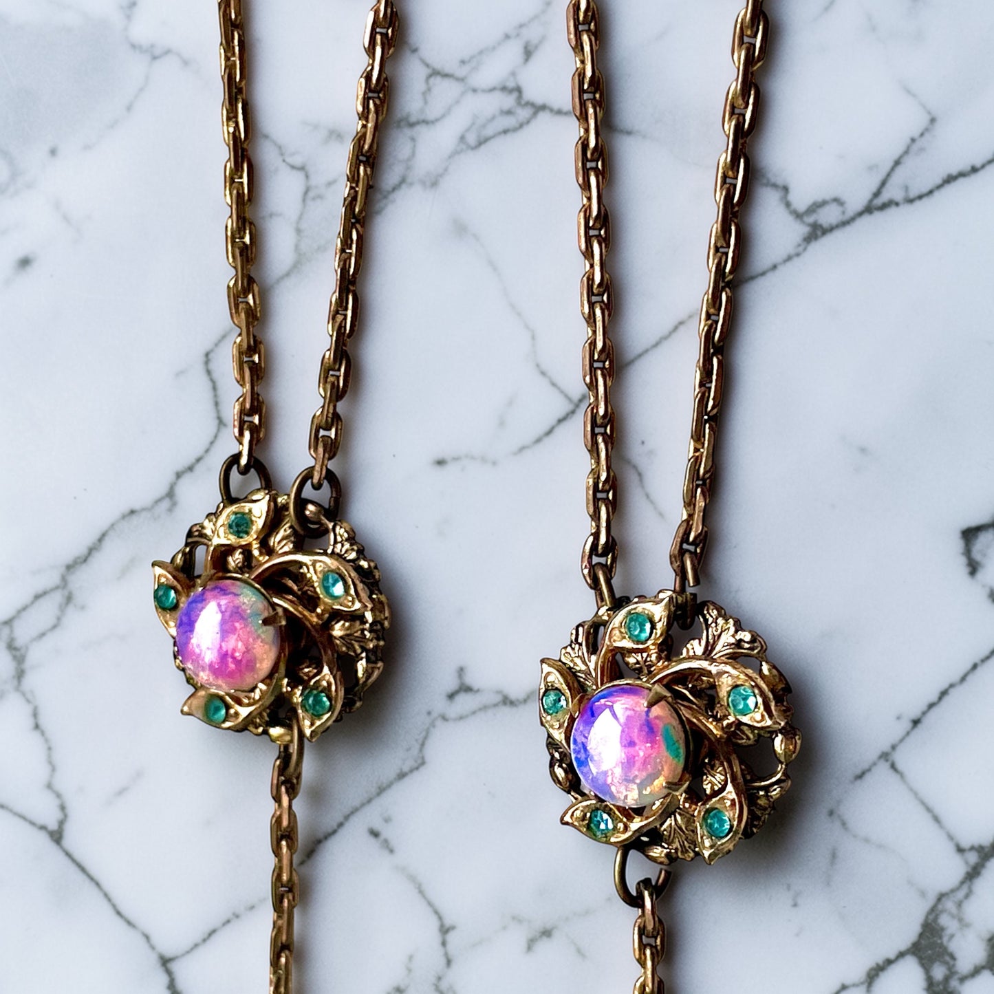 Edwardian Pink Gold Foil Art Glass Dragons Breath Fire Opal Festoon Necklace