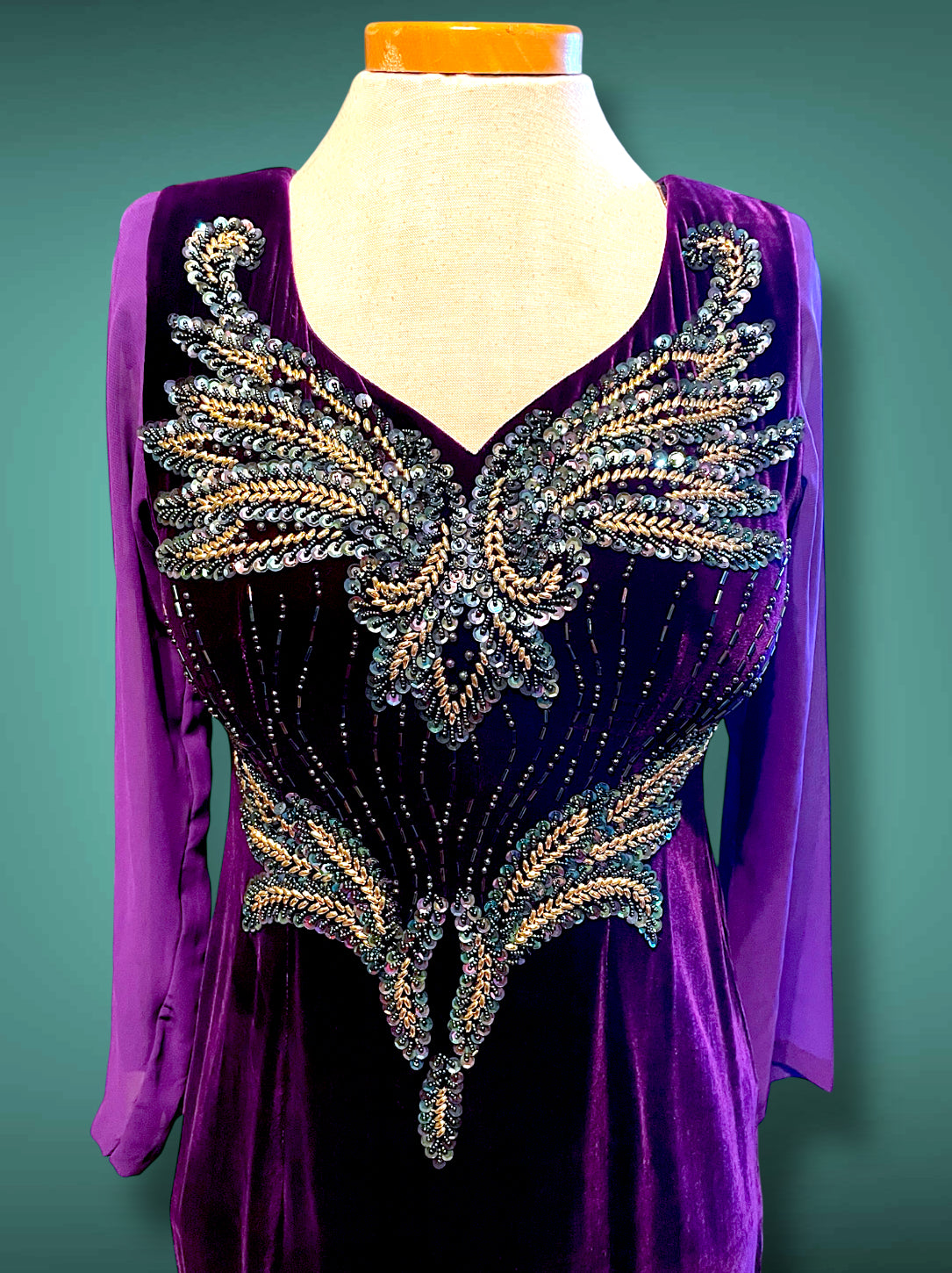 Deep Purple Velvet & Sheer Aurora Borealis Sequin Maxi Gown Dress