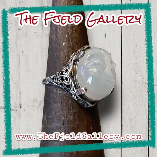 Moonstone Carved Face Prong Set Victorian Sterling Silver Filigree Ring