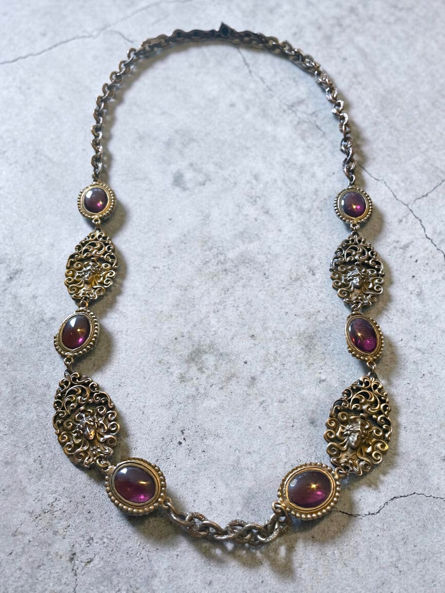Art Nouveau Woman’s Face Flowing Hair Brass Purple Art Glass Long Necklace