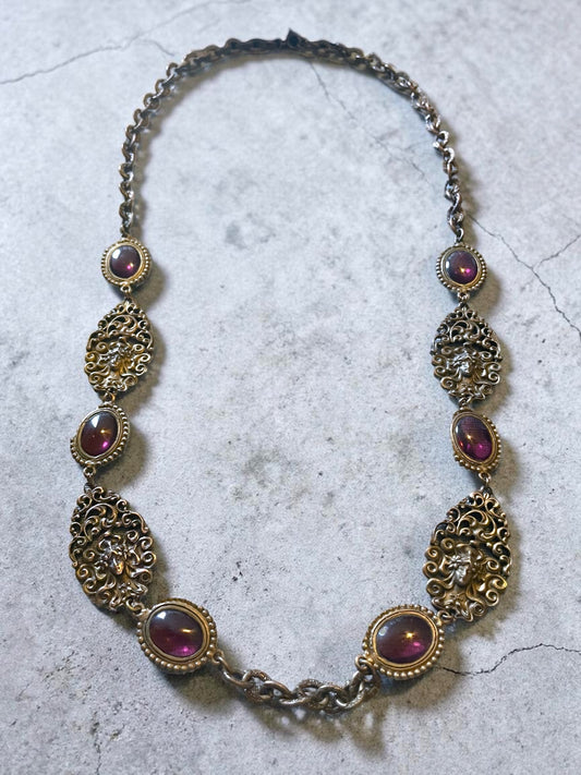 Art Nouveau Woman’s Face Flowing Hair Brass Purple Art Glass Long Necklace