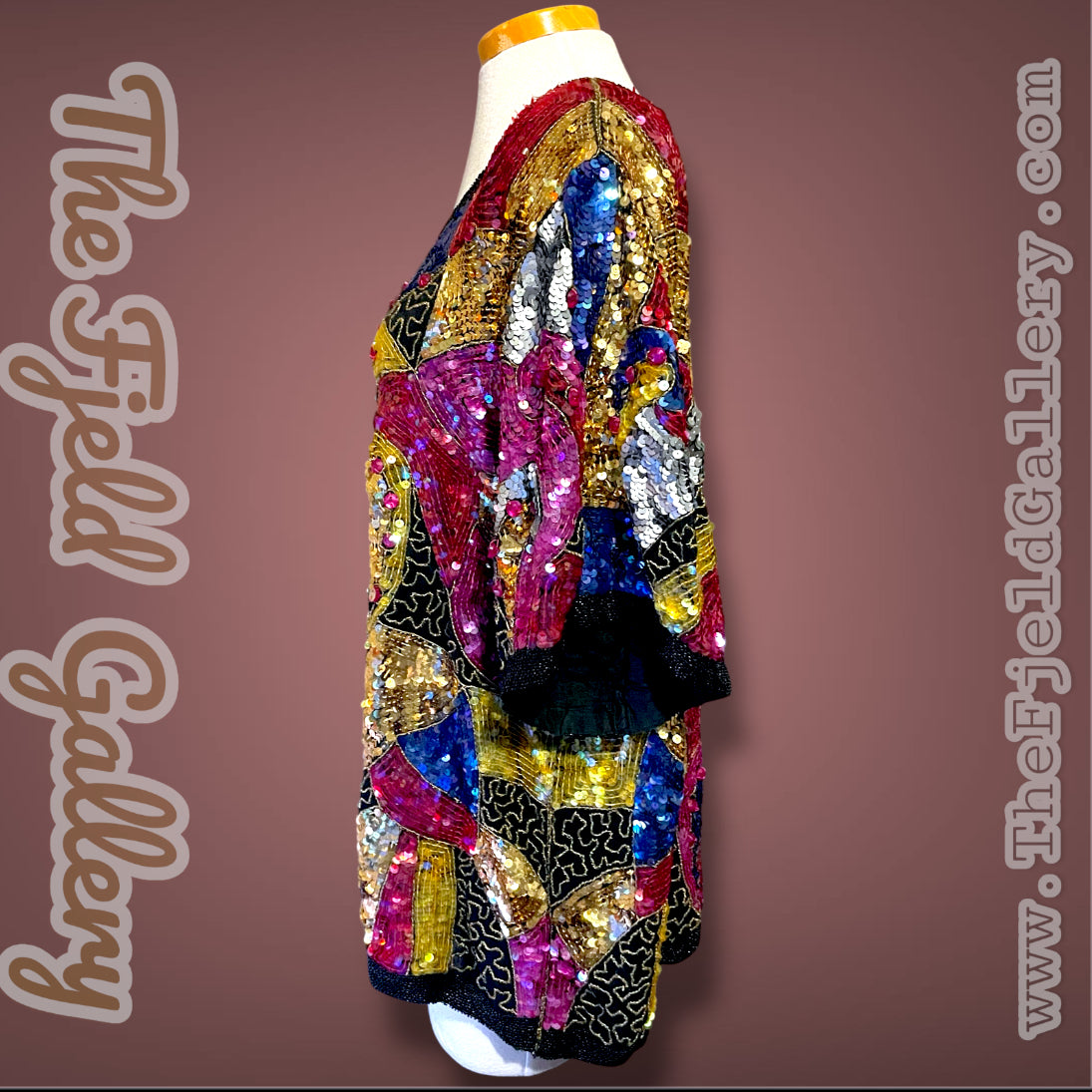 1970’s 100% Silk Sequin, Glass Seed Bead & Rhinestone Abstract Rainbow Top