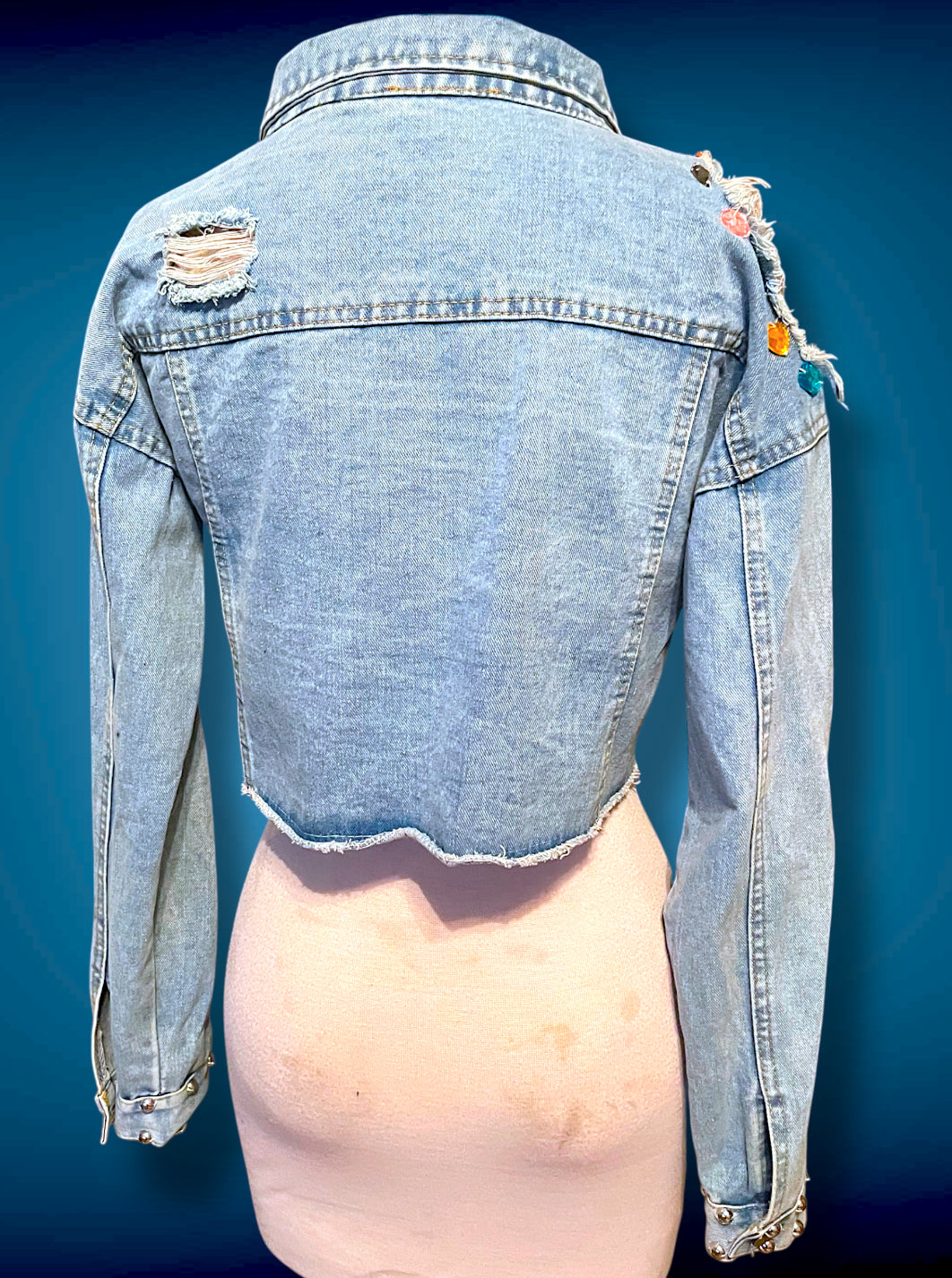 Vintage 1980’s Rainbow Jewel Crystal Stone Encrusted & Metal Rivet Crop Distressed Jean Jacket