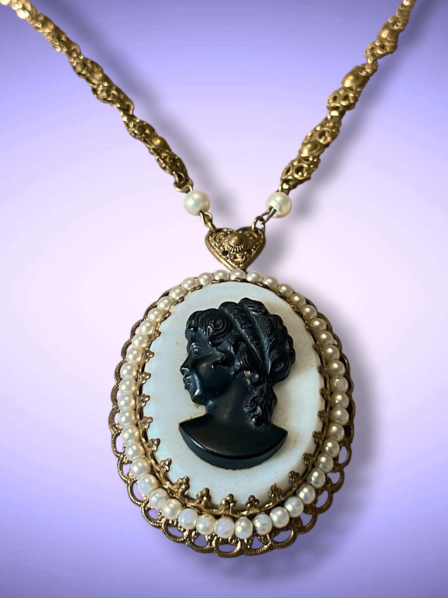 West German Brass Filigree White & Black Art Glass Cameo Pearl Necklace