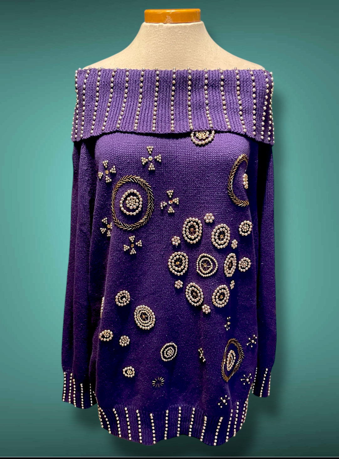 Vintage 1980’s Purple Oversized Boat Neck Sweater with Gold Bead Detail Design