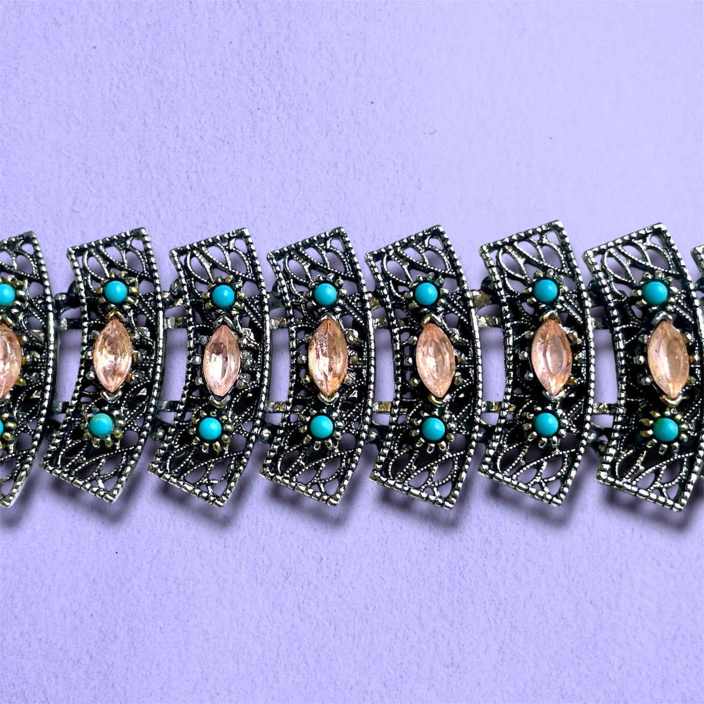 Victorian Booklink Chain Silver Filigree Openwork Pink Crystal & Turquoise Art Glass Panel Bracelet
