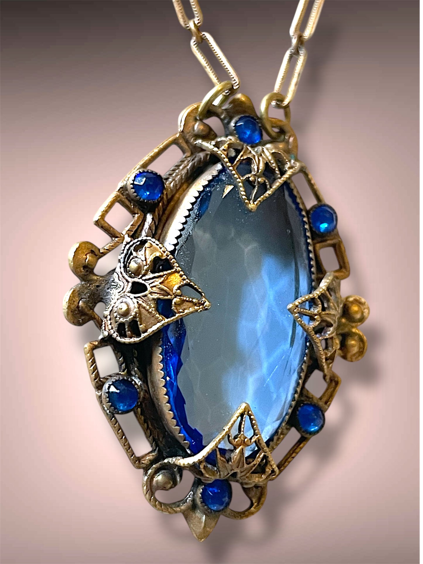 Art Nouveau Czech Brass Blue Art Glass & Saphire Chrystal Filigree Floral Stamped Necklace