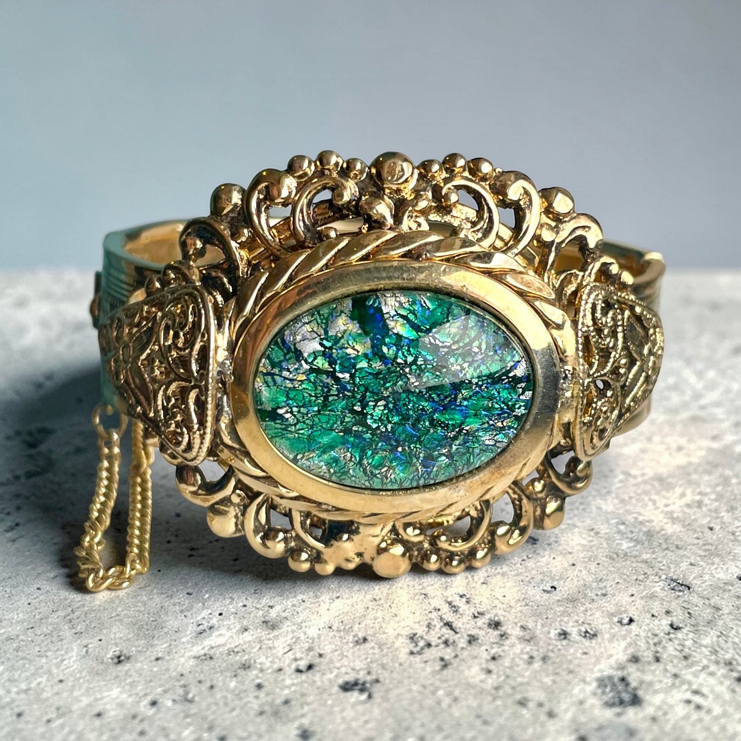 Whiting & Davis Green Dragons Breath Fire Opal Foil Art Glass Gold Brass Filigree Embossed Hinged Clamper Bracelet (Necklace Sold Separately)