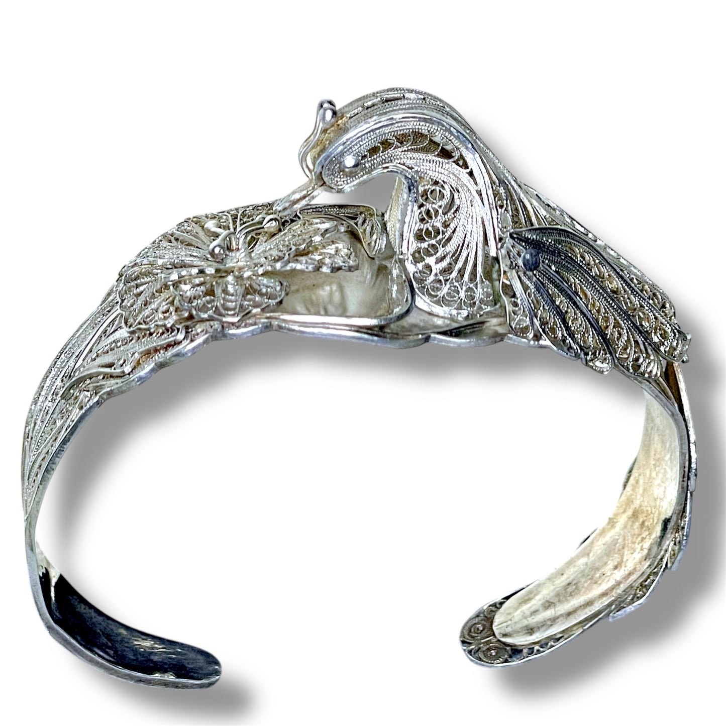 Incredible Sterling Filigree Peacock & Flower 3D Cuff Bracelet